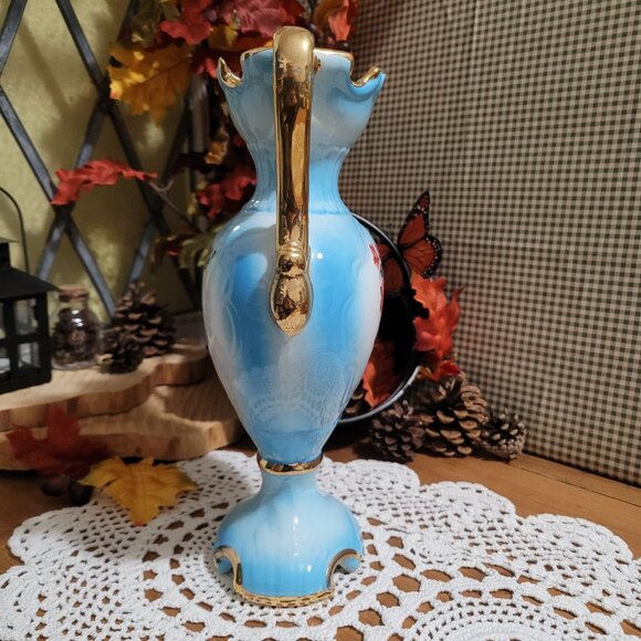 Blue Vintage Italian Porcelain Urn Vase with Pink Roses - Picture 4 of 13